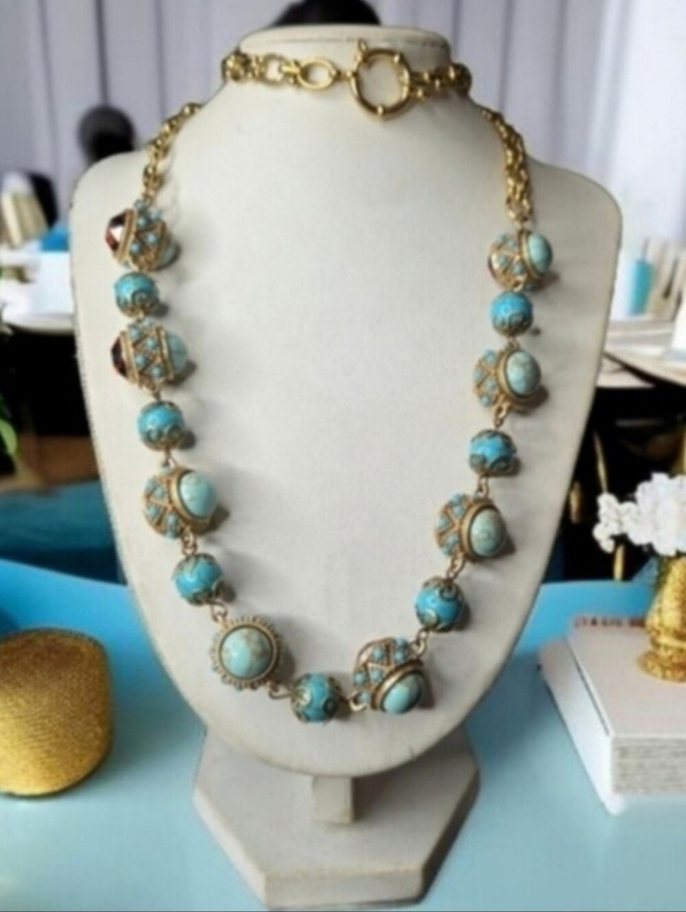 Antiqued Gold Chunky Etruscan Revival Turquoise Topaz Statement Necklace